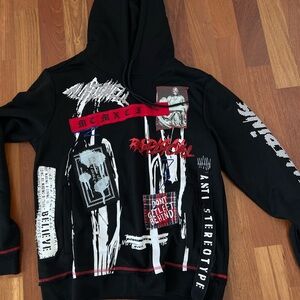 Black Graphic Hoodie with Red Accents